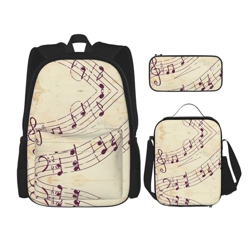 WURTON Rucksack mit Musiknoten-Blumendruck, 3-in-1, Büchertaschen-Set, Lunchbox, Federmäppchen, Reise-Laptop-Tagesrucksäcke, Schwarz, Einheitsgröße