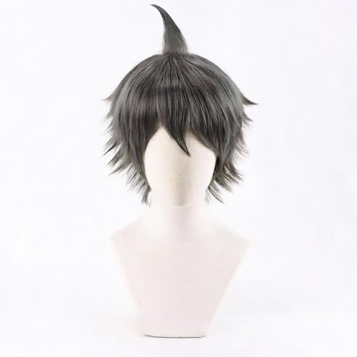 WCCNKK Anime Cosplay Perücke, Danganronpa Hinata Hajime Perücke, Graugrünes Kurzes Glattes Haar, Mit Perückenkappe, Für Party Alltag Halloween Perücke Cosplay, Dekorative Geschenke