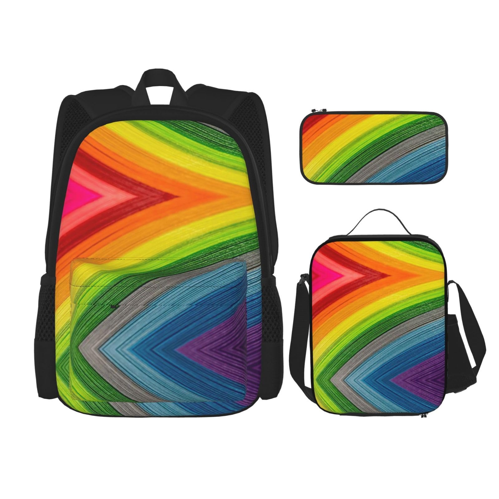 WURTON Rucksack mit Regenbogenfarben-Streifendruck, für Mädchen, Jungen, Schultaschen, Teenager, Lunchbox und Federmäppchen, 3-in-1-Büchertaschen-Set