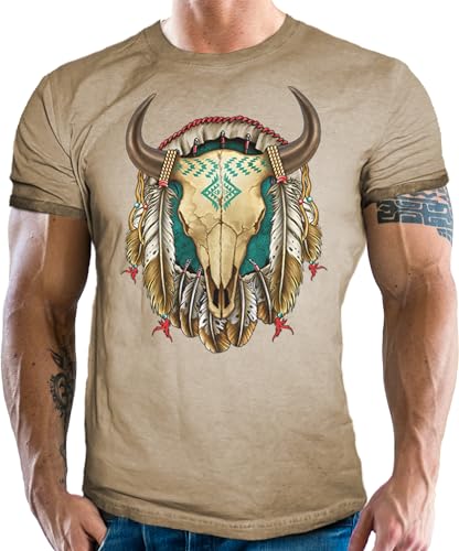 T-Shirt im Vintage Retro Used Look für Western und Indianer Fans: Bison Skull