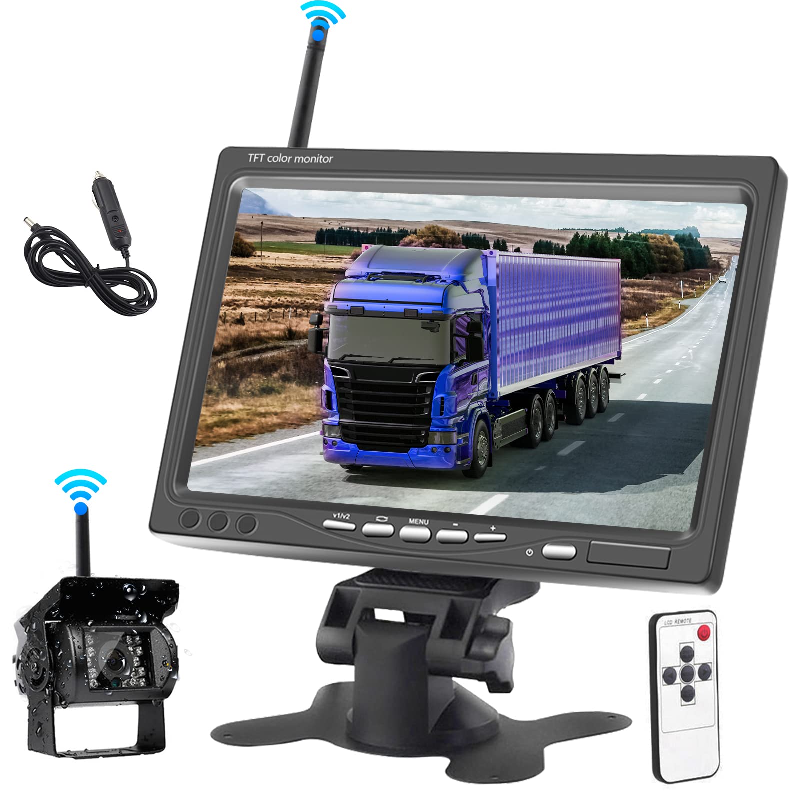 Kabellos Rückfahrkamera und 7-Zoll-HD-Monitor, Set Rückfahrkamera Wireless Fahrzeuge Parkassistenzsystem, Nachtsicht wasserdichte Auto Kamera für Anhänger, Bus, LKW, Wohnmobi, Pferdeanhänger 12V-24V