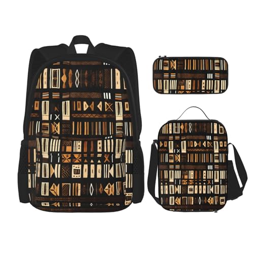 YQxwJL 3-in-1-Rucksack-Büchertaschen-Set, Barber Shop, einfarbiger Druck, lässiger Reiserucksack, mit Federmäppchen, Lunchtasche, Afrikanisches Schlammtuch, Tribal, Einheitsgröße