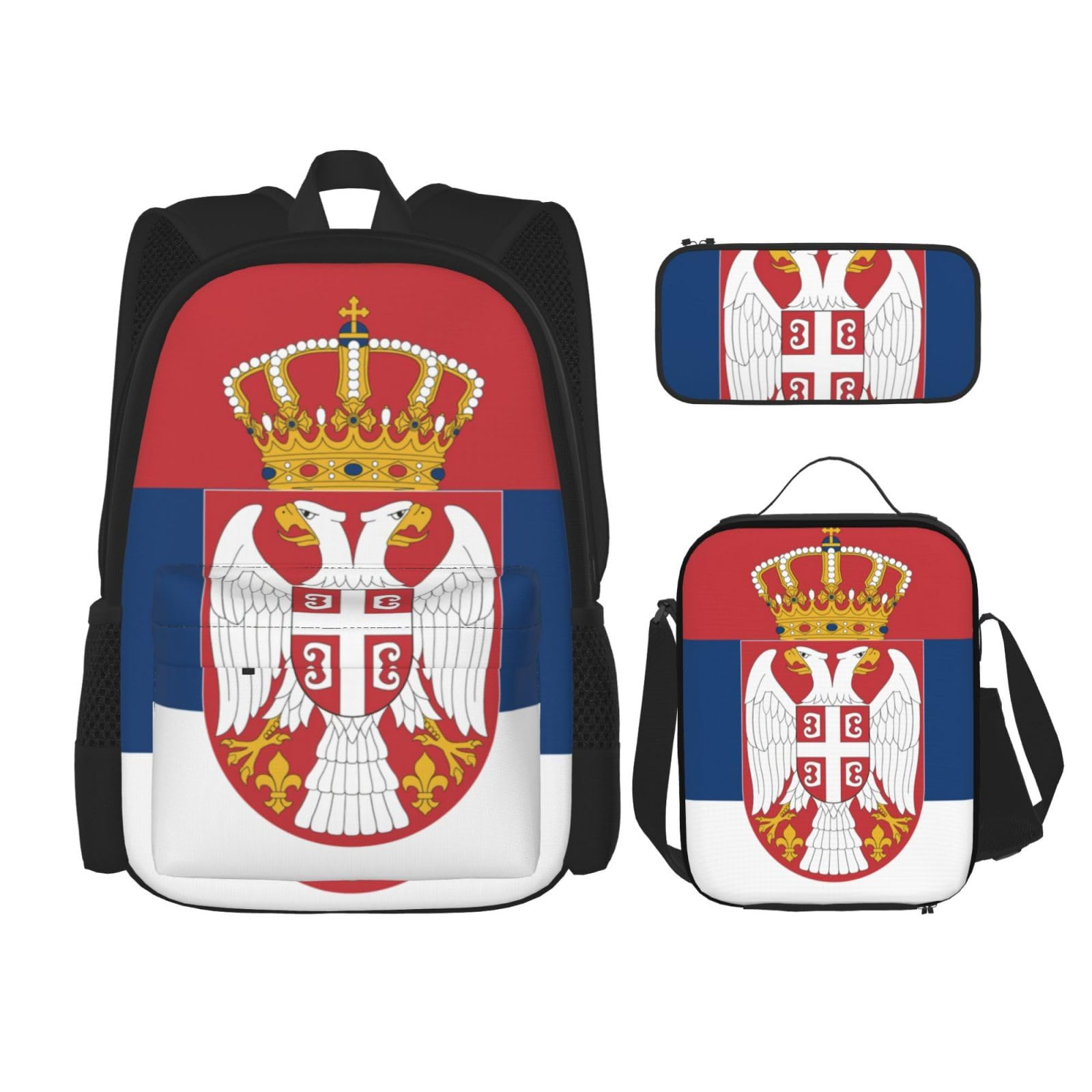 WURTON Rucksack-Set mit Flagge von Serbien, Schulbüchertasche mit Lunch-Tasche, Federmäppchen, Kombination, Schultaschen-Set