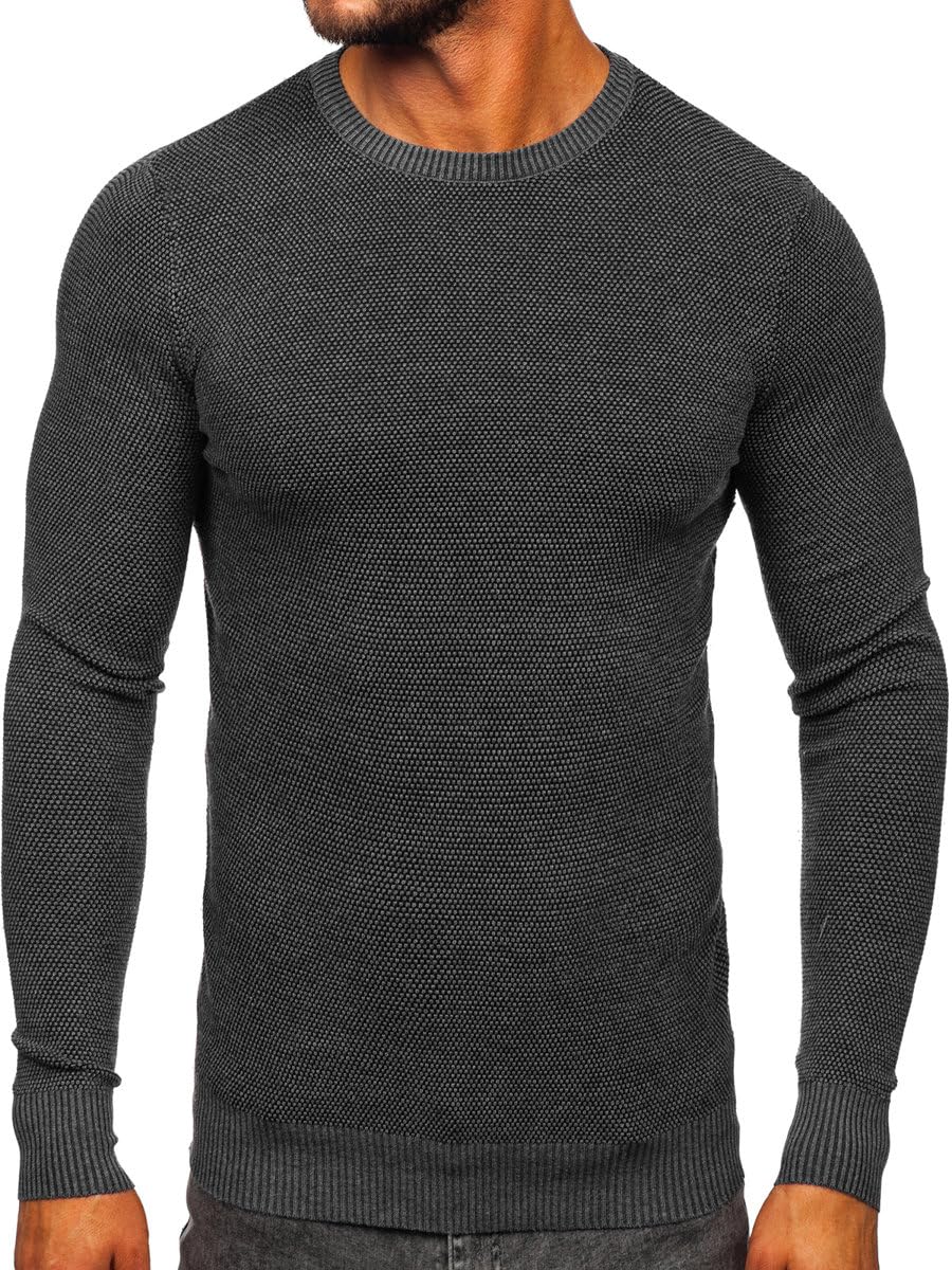 BOLF Herren Jumper Sweatshirt Pullover Sweater Pulli Stehkragen Crew Neck Langarmshirt Longsleeve Wärme Basic Einfarbig Casual Style W2-20124 Anthrazit L [5E5]