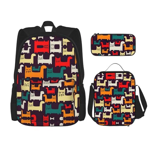 WURTON Rucksack mit Katzendruck, 3-in-1, Büchertaschen-Set, Lunchbox, Federmäppchen, Reise-Laptop, Tagesrucksäcke, Schwarz, Einheitsgröße