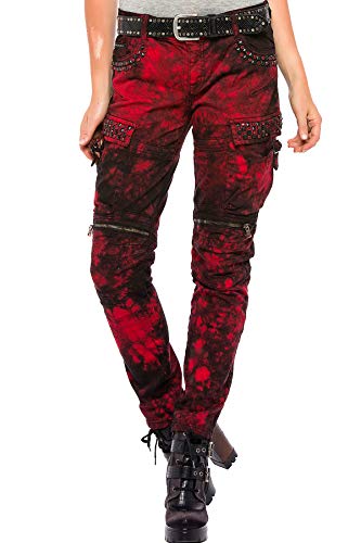 Cipo & Baxx Damen Hose Cargo Jeanshose Rockig Batik-Muster Denim Design Hose Nieten WD385 Burgundy W29 L34