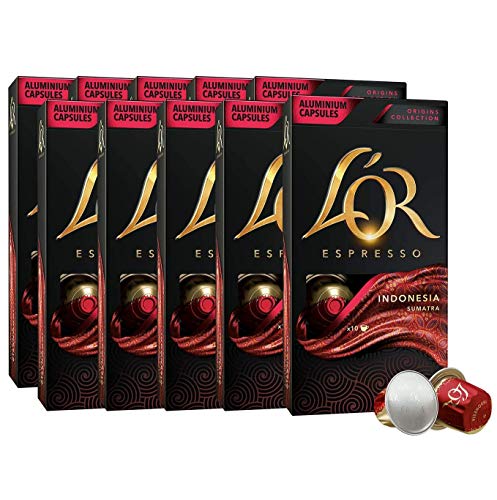 L’OR Espresso Kaffee Indonesia Intensität 9 – Nespresso®* kompatible Kaffeekapseln aus Aluminium - 10 Packungen mit 10 Kapseln (100 Getränke)