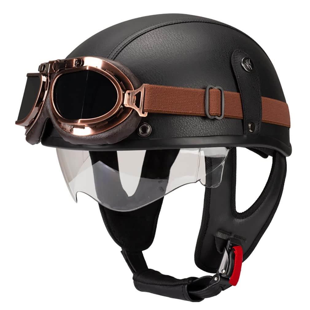 Retro Motorradhelm Leder Halbhelme Halbschalenhelm Jethelm ECE/DOT Zertifiziert Open Face Helm Rollerhelm Mopedhelm Cruiser Chopper Helm Anti-Collision Helmet Scooter-Helm (L =（59〜60CM）, I)