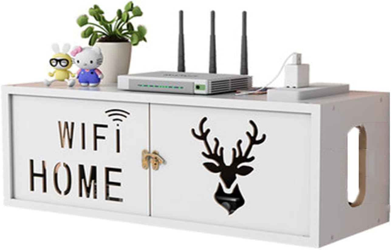 TT Wandmontierte WLAN-Aufbewahrungsbox, Router-Aufbewahrungsbox, mehrschichtiges Desktop-WLAN-Aufbewahrungsregal aus Holz mit Verschluss, Set-Top-Box, Fernbedienung, Netzkabel-Steckdose, Auf