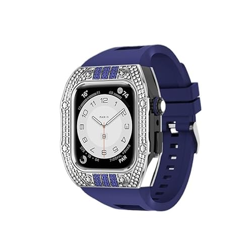 KANUZ Luxus-Diamant-Gehäuse-Modifikationsset für iWatch 8, 7, 6, SE, 5, 4, Gummiband, 44 mm, 45 mm, für Apple Watch, Metallbeze-Uhrenarmband (Farbe: Diamant-Blau, Größe: 45 mm)