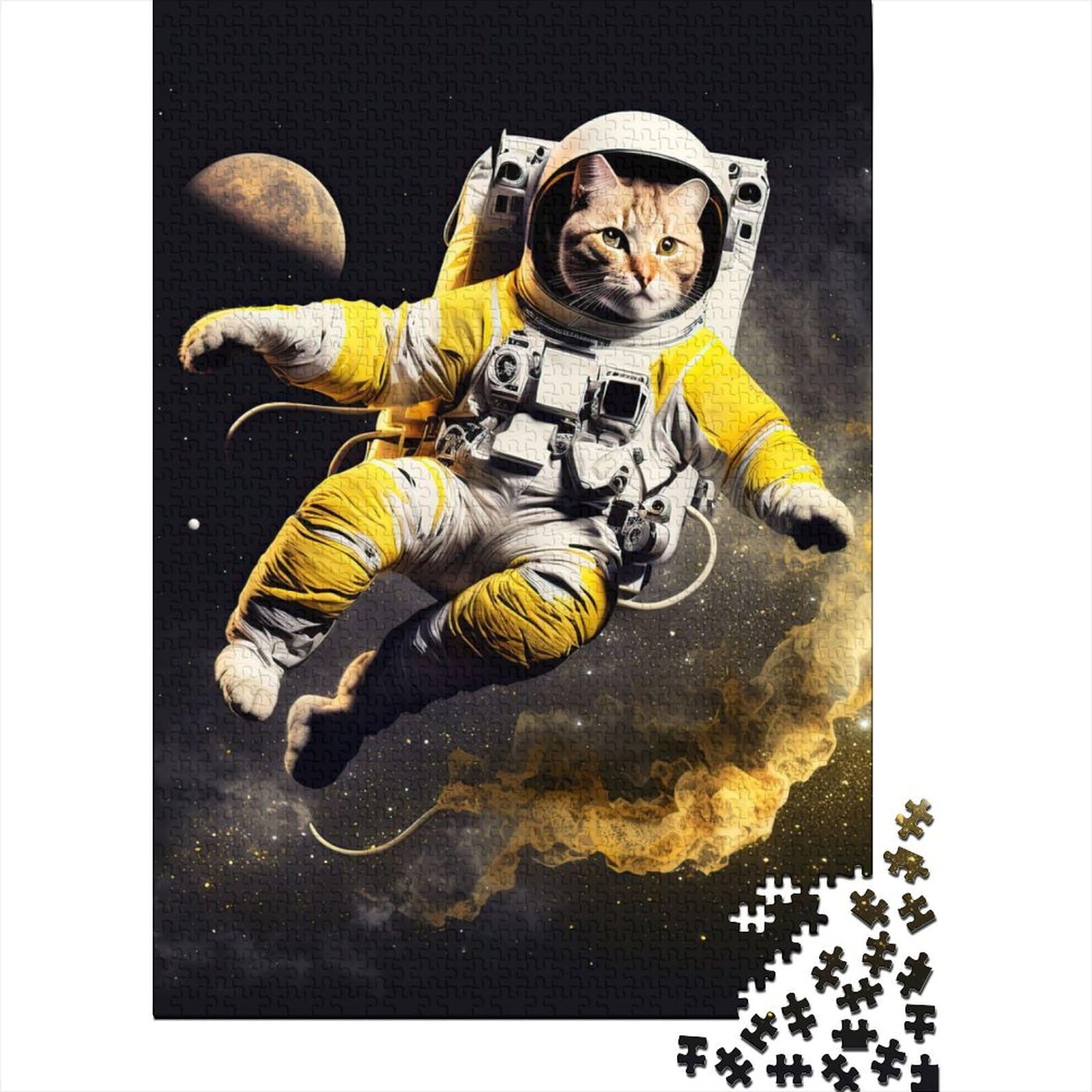 1000-teiliges Puzzle für Erwachsene und Teenager, Astronautenkatze im Weltraum, Holzpuzzle für Erwachsene, Puzzle mit passendem Poster und Wissensblatt, 75 x 50 cm