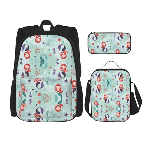 WURTON Schöner Rucksack mit Meerjungfrauen-Druck, 3-in-1-Büchertaschen-Set, Lunchbox, Federmäppchen, Reise-Laptop-Tagesrucksäcke, Schwarz, Einheitsgröße