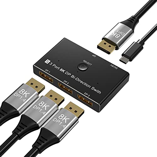 CABLEDECONN DisplayPort 8K DP 1.4 Switch 3In 1Out 1In 3Out Bi-Direction 8K@30Hz 4K@120Hz Splitter Converter for Multiple Source and displays