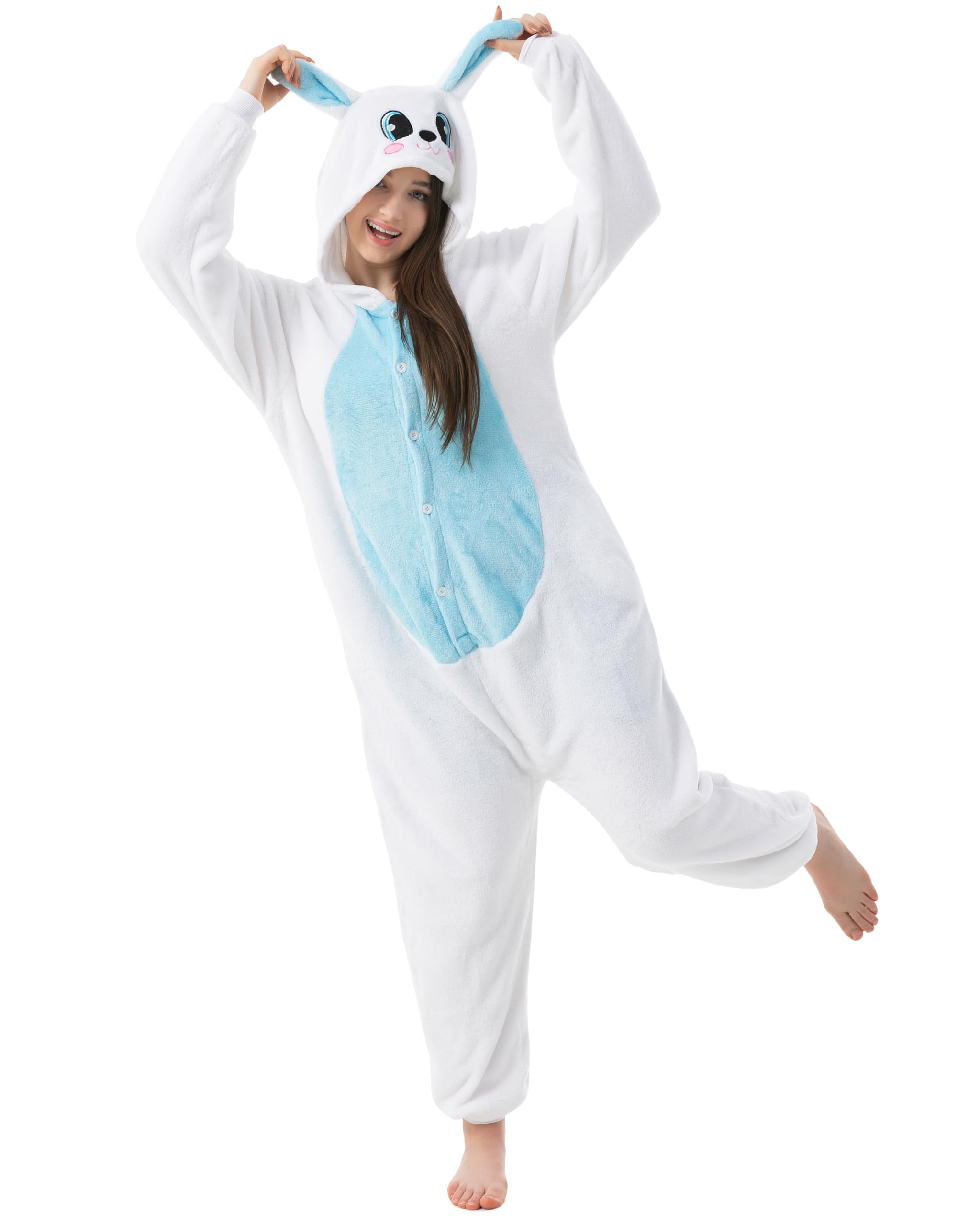 Katara 1744 -Hase blau/weiß Kostüm-Anzug Onesie/Jumpsuit Einteiler Body für Erwachsene Damen Herren als Pyjama oder Schlafanzug Unisex - viele Verschiedene Tiere