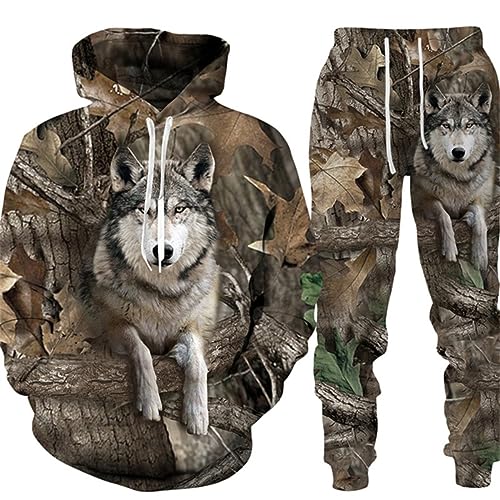 RIAAJ 3D wolf Jogginganzug Herren Jogging Sportanzug Fitness Sporthose Hose Hoodie Herren Trainingsanzug Zweiteiliges Set Freizeitanzug mit Kaninchen Vogel Hirschmuster Sportsw (A1,L)