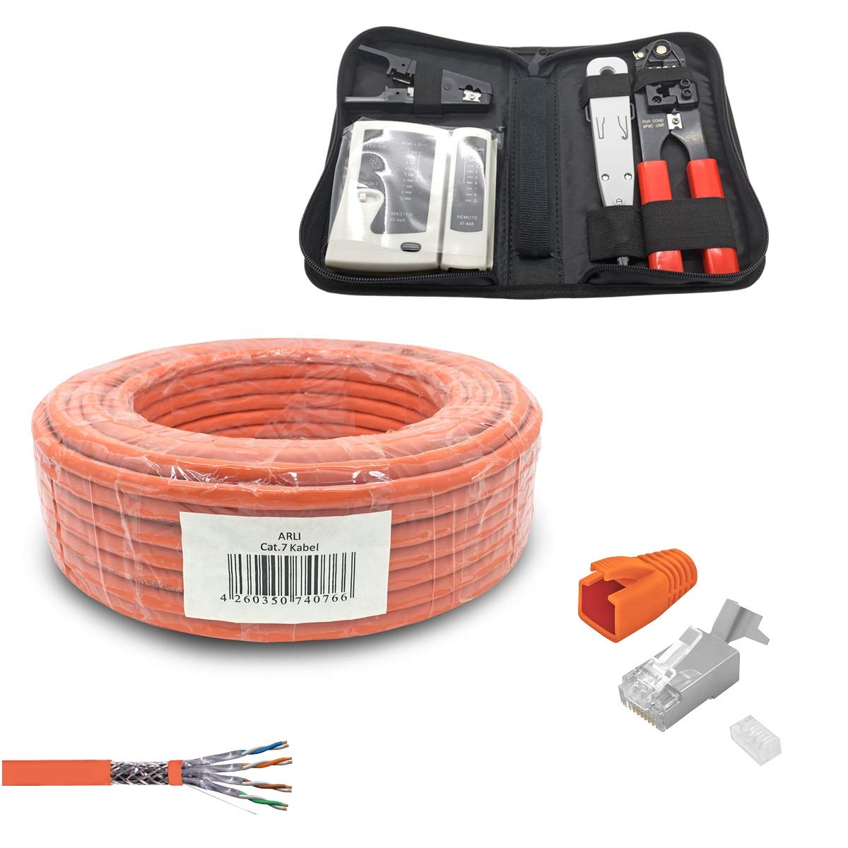 ARLI CAT 7 Verlegekabel 50m Netzwerkkabel CAT.7 Werkzeug Set + Crimpzange RJ45 Zange + Kabelmesser + Tester + LSA + 10 Netzwerkstecker Netzwerk Stecker Halogenfrei CAT7 Kabel Netzwerk 50 m