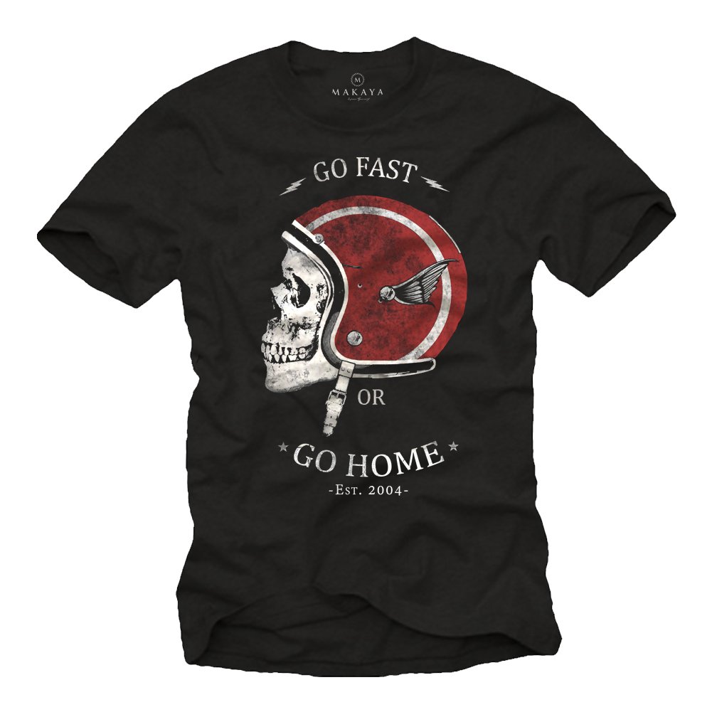 Motorradhelm T-Shirt für Männer GO Fast OR GO Home Biker Skull Schwarz Größe L