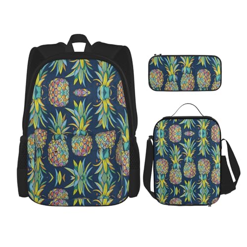 WURTON Rucksack-Set, Motiv: tropische Früchte, Ananas, verstellbare Schultergurte, Rucksack, Lunch-Tasche, Federmäppchen, Kombinationstaschen-Set