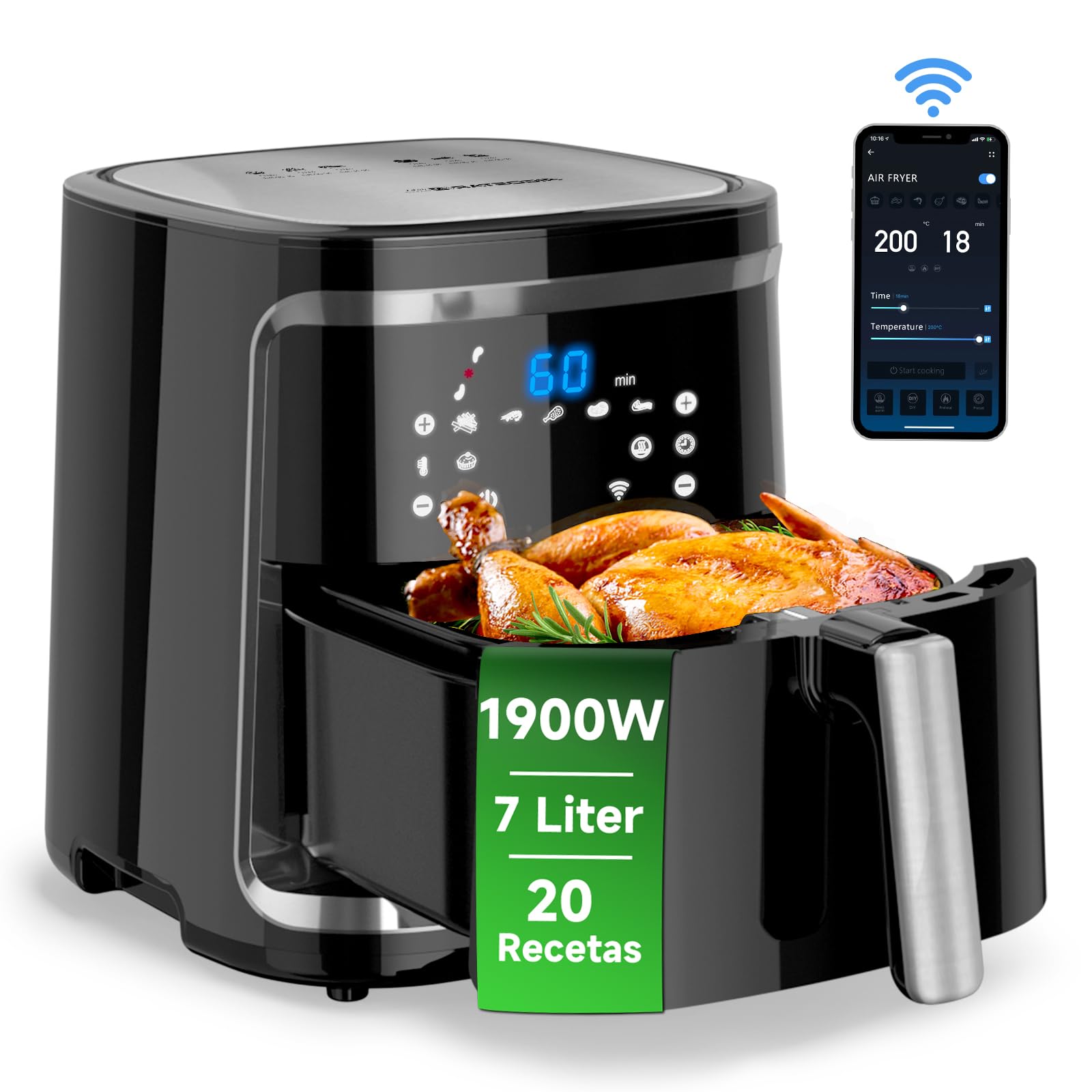 Aigostar Cube Smart- Intelligente Heißluftfritteuse, 1900W, 7 Liter, WLAN- Heißluftfritteuse, LED-Touchscreen, 7 Programme, 20 Rezepte pdf, DIY-Menü.