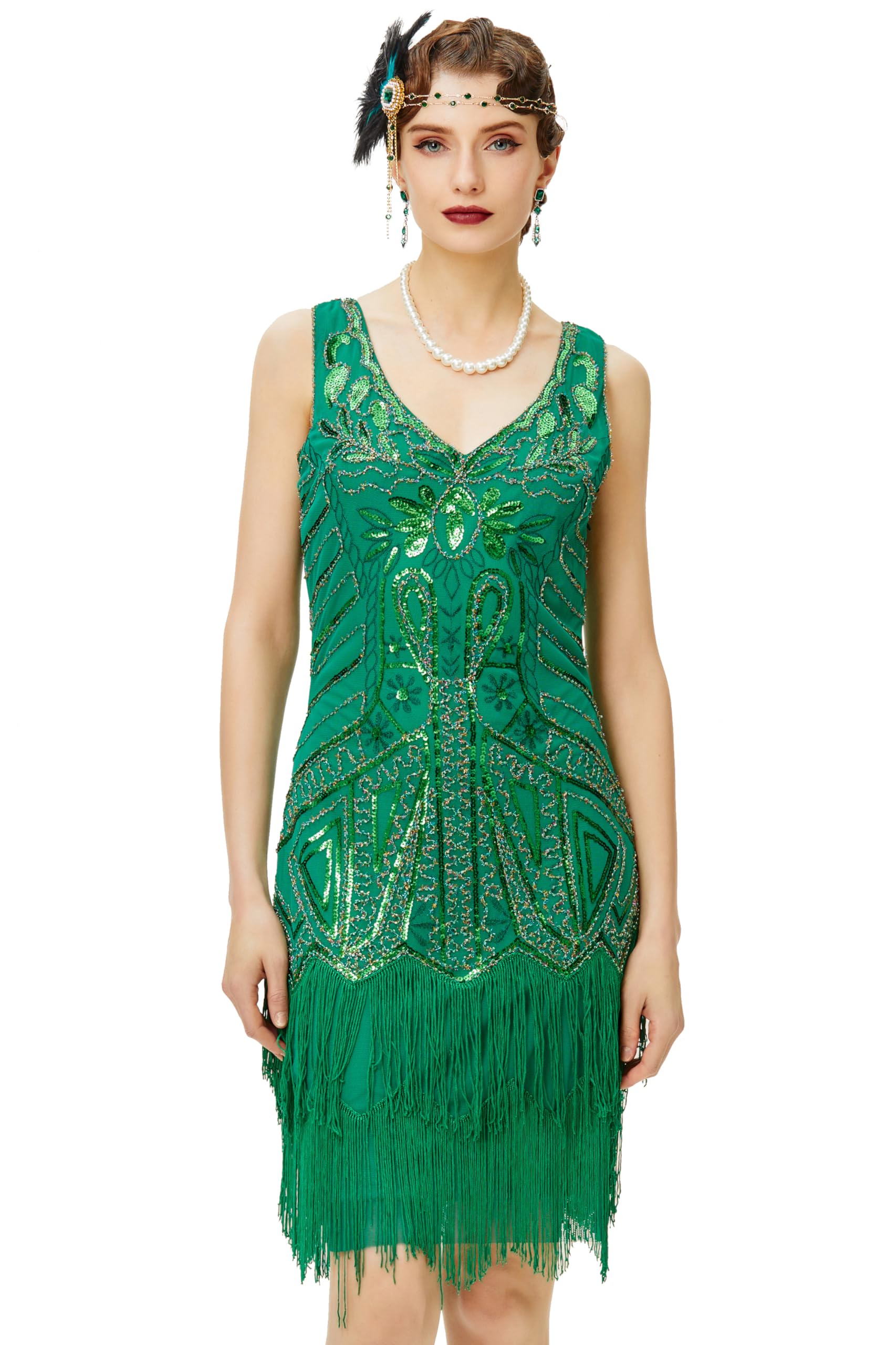 BABEYOND Damen Kleid voller Pailletten 20er Stil Runder Ausschnitt Inspiriert von Great Gatsby Kostüm Kleid (S (Fits 68-78 cm Waist & 86-96 cm HIPS), Grün)