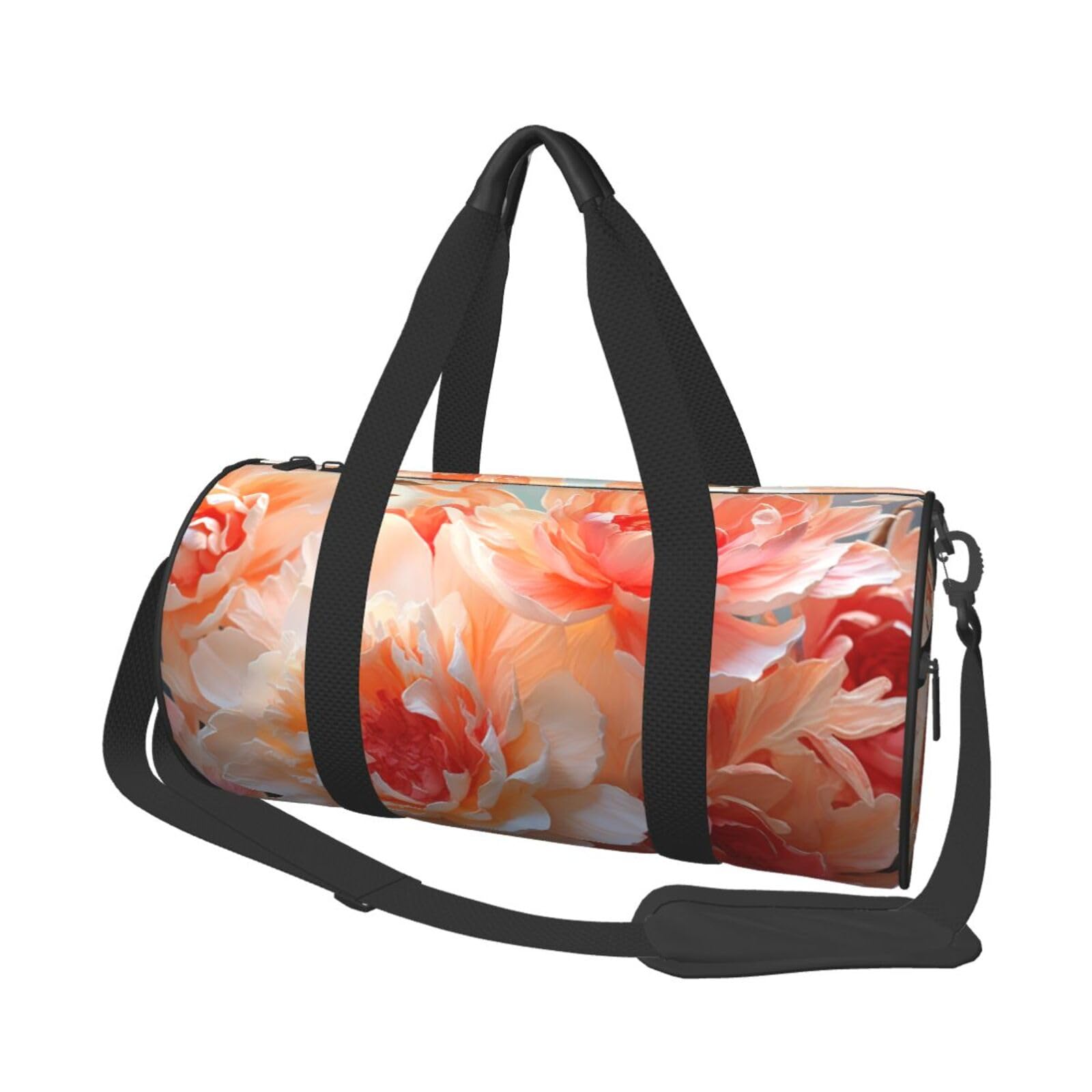 Peach Peony Reisetasche, Handgepäcktasche, Wochenendtasche, Übernachtungstasche, Sport, Turnbeutel für Damen und Herren, faltbar, runde Reisetasche für Reisen, Sport, Fitnessstudio, Schwarz,