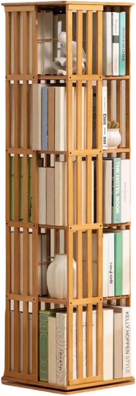 360° drehbares Bücherregal, bodenstehendes Bambus-Bücherregal, Bücherregal für Kinder und Erwachsene, einfacher Eck-Organizer mit 5 Ebenen, Natur, 37 x 37 x 149 cm