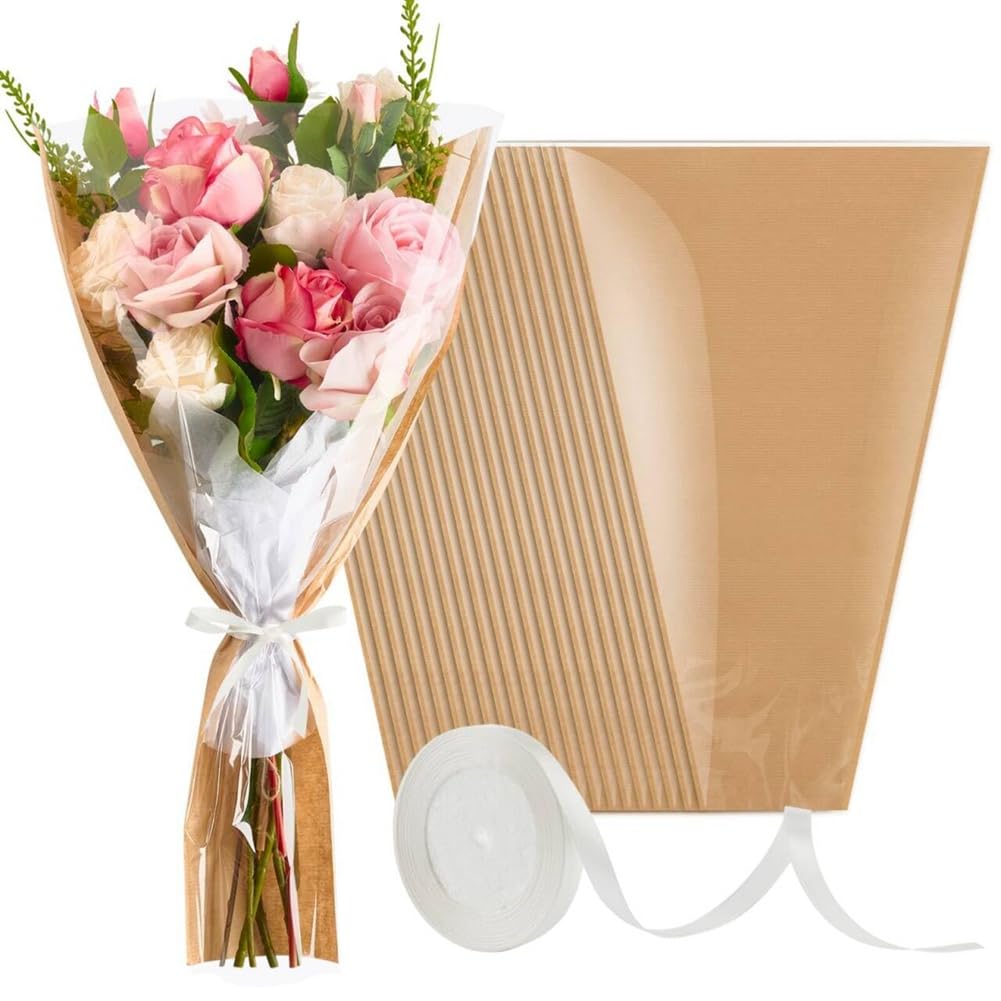 Begchy 50 Stück Blumenstrauß, Geschenkpapier, Kraftpapier, Blumenabdeckung mit Band für Floristen (55,9 x 36,7 cm)