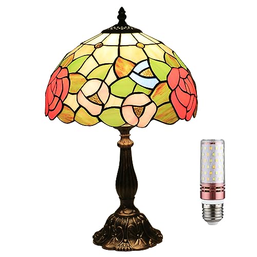 Uziqueif Tiffany Lampe, Retro Rose Tiffany Tischlampe, Nachttischlampen für Schlafzimmer, 12 Zoll Buntglas Lampe Mit E27 LED Birne,A