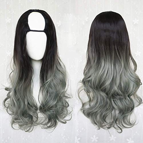 LINLINCD-Harajuku Fashion Long Wavy Curly Fluffy U-Shaped Wigs Heat Resistant Synthetic Fiber Ombre Mixed Gradient Dark Roots Hair for Girls 28inches/ 70cm