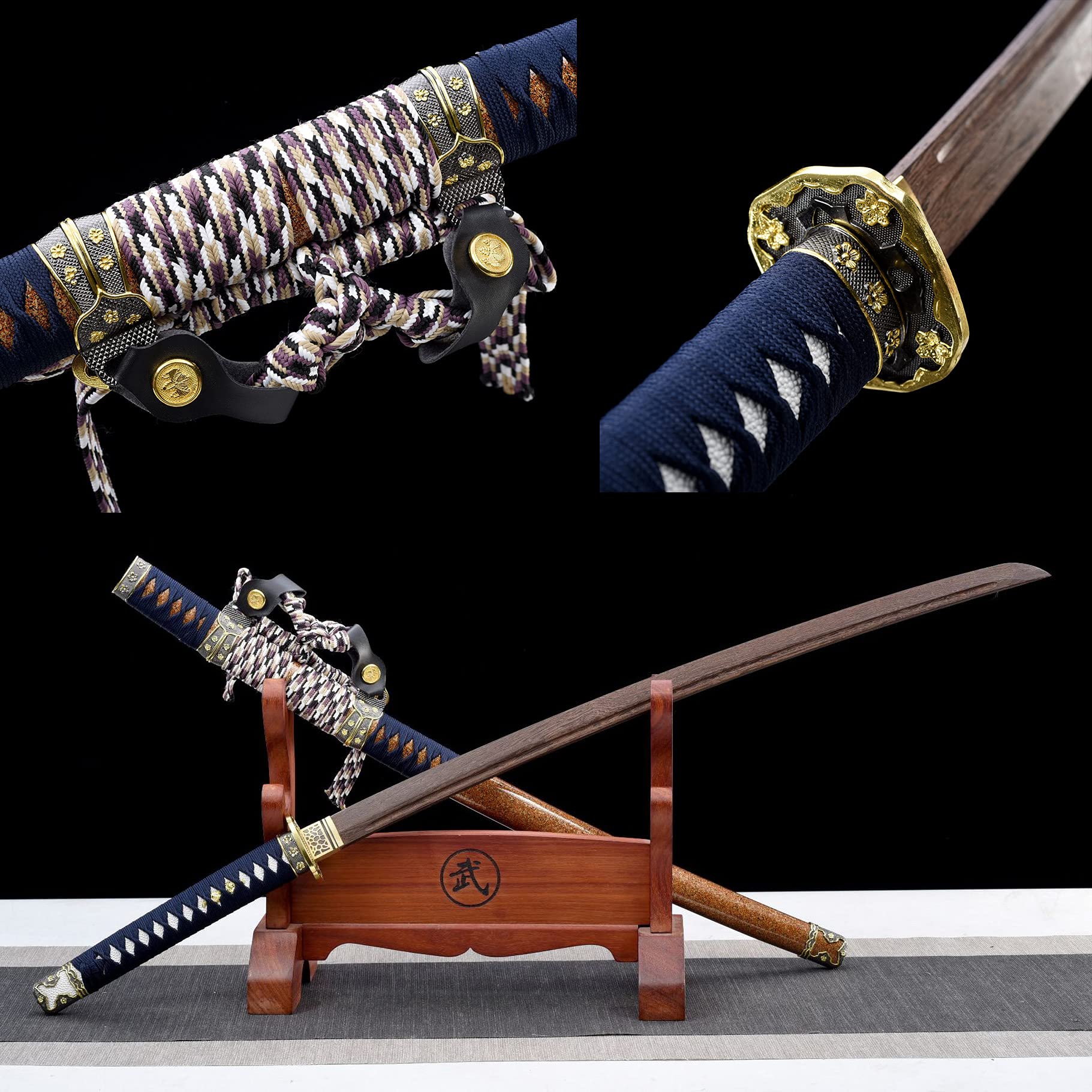 KPTKP 104cm handgemachtes Tachi Natur Palisander Katana,Massivholz Lackscheide mit dickem Wickelseil,Holz Samurai Schwert für Iaido,Kendo,Sammeln,Wohnkultur,Cosplay