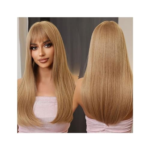 Perücken für Frauen Ombre Blonde Braune synthetische Perücken mit Pony, lange gerade Perücke for Frauen, Cosplay, natürliches Kunsthaar, Hochtemperaturfaser für den täglichen Gebrauch(LC3061-1)