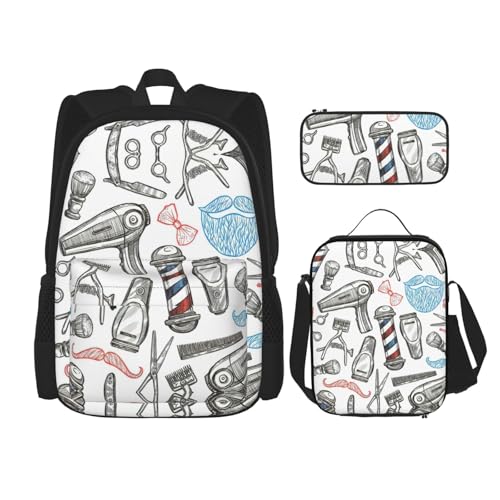 WURTON Barber Shop Schulterrucksack, Monochrom, bedruckt, 3-in-1, Büchertaschen-Set, Lunchbox, Federmäppchen, Reise-Laptop, Tagesrucksäcke, Schwarz, Einheitsgröße