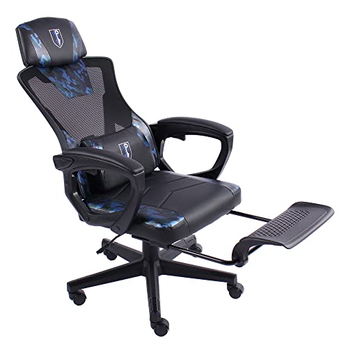 Gaming Stuhl im modernen Racing-Design mit einklappbarer Fußstütze - Gaming Chair mit flexiblen Armlehnen - ergonomischer Gaming Schreibtischstuhl mit extra Stützkissen , Farbe:Schwarz/Military -Blau