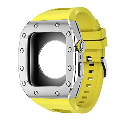 KANUZ 44 mm 45 mm Modifikationsset für iWatch Serie 7, 6, 5, 4 SE, Metallgehäuse, Silikonband für Apple Watch, Gummiband, Stoßfängerabdeckung (Farbe: S-SS-Y, Größe: 45 mm)