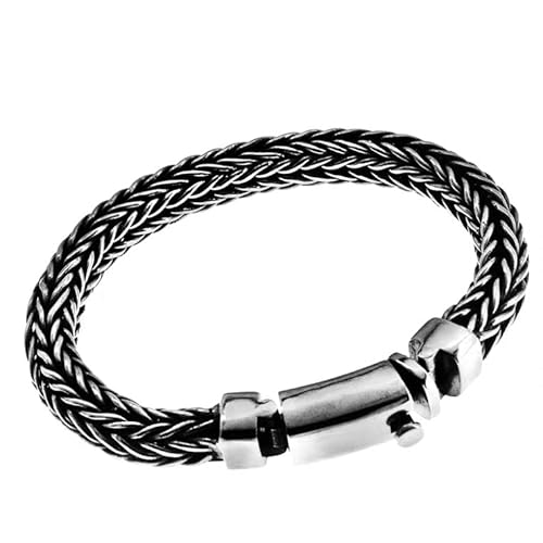 VOYADE Herren Thai Silber Armband, S925 Silber Vintage Reines Handgewebtes Twisted Thick Kiel Armband, Punk Motorrad Geschenk,Silber,20cm