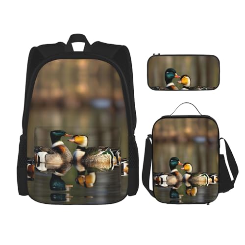 WURTON Mallard Ducks Print Lunchbox Federmäppchen Rucksack Set 3 Stück Verstellbare Träger Langlebig Leicht, Schwarz, One Size