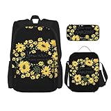 WURTON Wildes Gänseblümchen-Druck, trendige Rucksacktaschen, Lunchbox und Federmäppchen, 3-in-1, verstellbares Rucksack-Set, Schwarz , Einheitsgröße