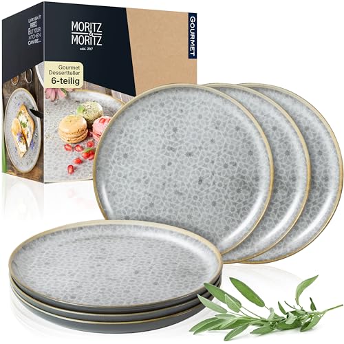 Moritz & Moritz TERRA Dessertteller 6-tlg Set - Ø 20,5 cm – in dezentem Grau aus hochwertigem Porzellan – kleine Teller Set als Kuchenteller oder Frühstücksteller