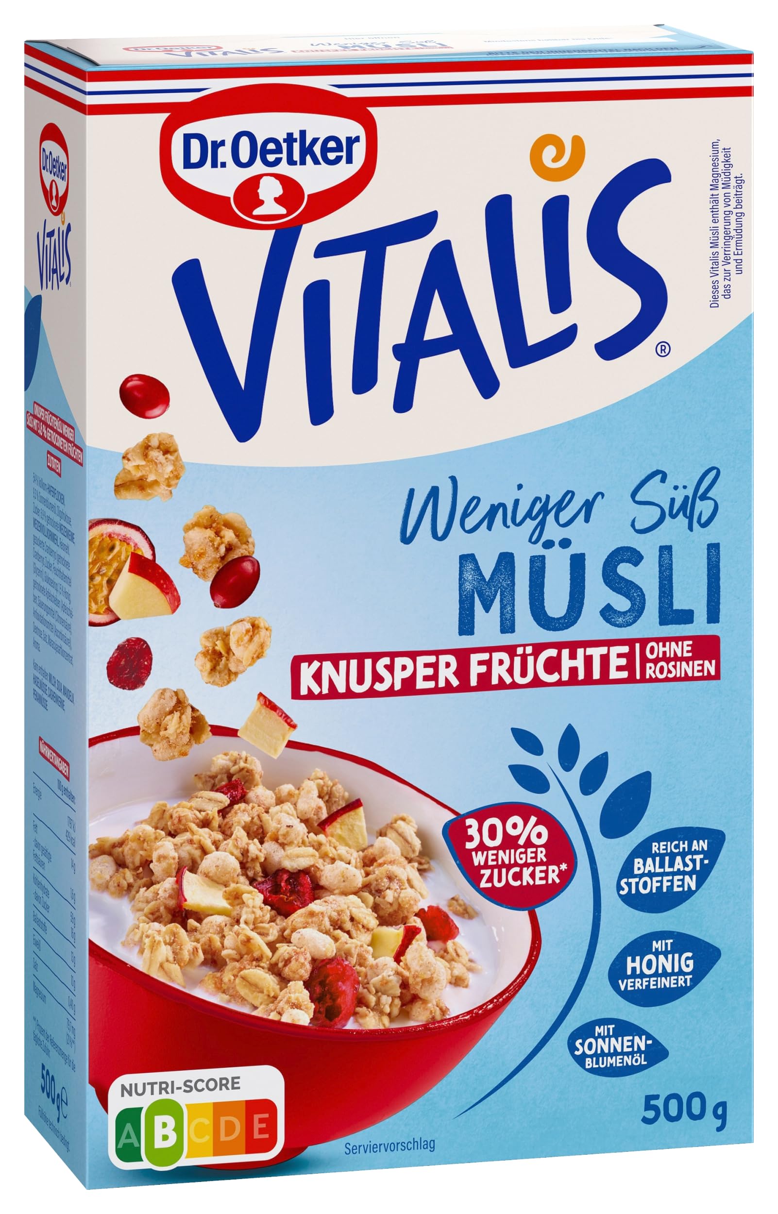 Dr. Oetker Vitalis Weniger Süß Knusper Frucht: Knuspermüsli mit Cranberries und Apfelscheiben, 6er Packung, (6 x 500g)