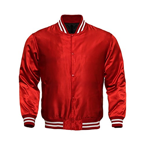 Herren Varsity Jacke Satin Polyester Retro Reißverschluss Casual Jacken, rot, Large