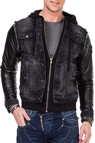 Cipo & Baxx Herren Jeansjacke Sweatjacke Übergangsjacke Kapuze Designer Kunstlederärmel Denimjacke Jacke mit Sweatkapuze Gr.XL Schwarz