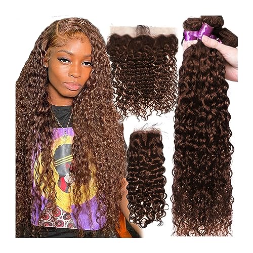 Human Hair Bundles Wasserwelle Menschliches Haar Bundles mit Verschluss Peruanische Remy Haarwebart Bundles mit Frontal Transparent Spitze Verschluss human hair weave (Size : 13" x 4", Color : 20 20