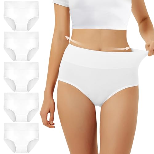 FALARY Unterhosen Damen Baumwolle Hohe Taille 5er Pack Stretch Atmungsaktiv Panties Weich Frauen Unterwäsche S Weiß