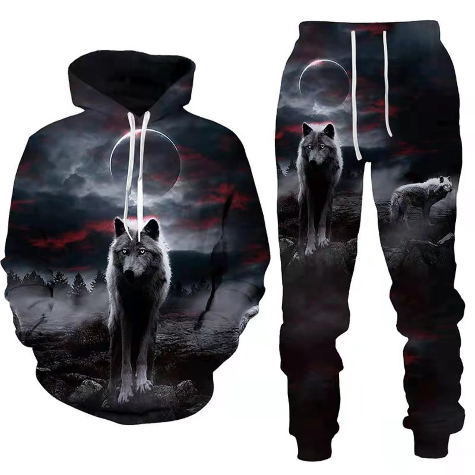 RIAAJ 3D wolf Jogginganzug Herren Jogging Sportanzug Fitness Sporthose Hose Hoodie Herren Trainingsanzug Zweiteiliges Set Freizeitanzug mit Löwen Tigermuster Sportsw (A14,XL)