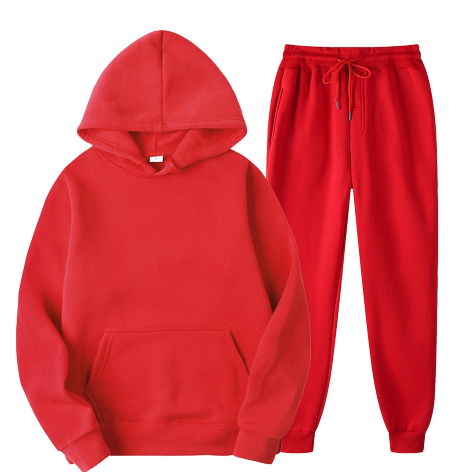 NEECS Kapuzen-Trainingsanzüge, langärmelig, einfarbig, Sweatanzug-Set für Damen, 2-teiliges Outfit-Set, 2-teiliges Outfit-Set für Damen, rot, L