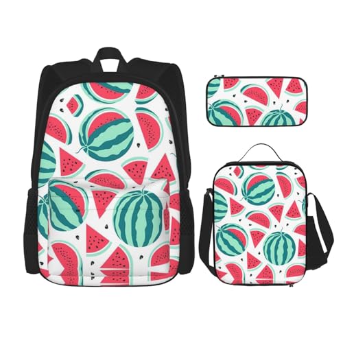 WURTON Trendige Rucksacktaschen mit Obst-Wassermelonen-Druck, Lunchbox und Federmäppchen, 3-in-1, verstellbares Rucksack-Set