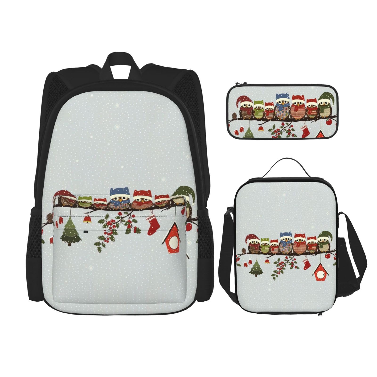 WURTON Niedliche Weihnachts-Eulen auf Ast, 3-in-1-Sets, lässig, verstellbar, Schulter-Rucksack, Lunch-Tasche, Federmäppchen, Beutel, Schwarz, Einheitsgröße