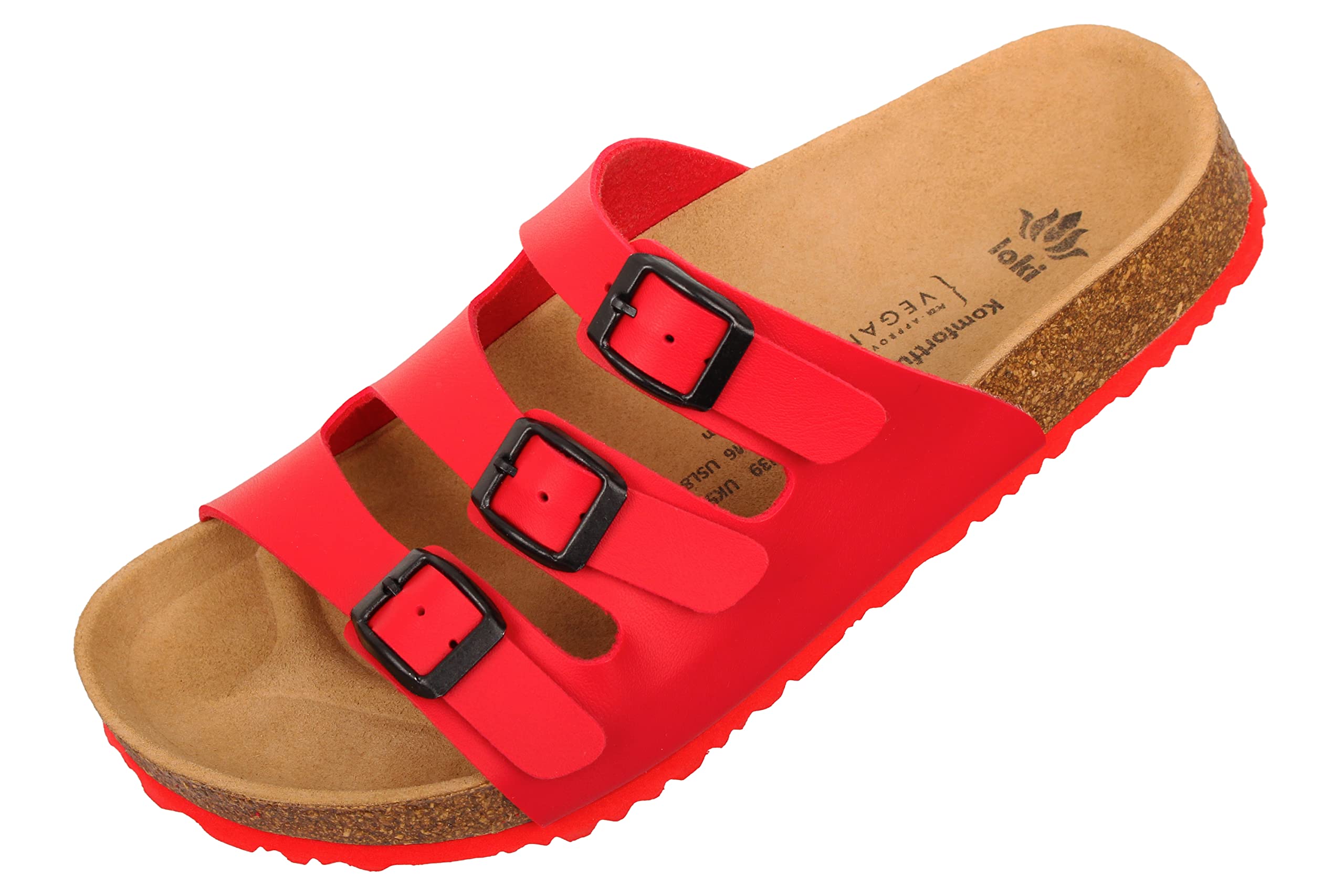 loki ANNA by Pantoletten für Damen I nachhaltig & vegan, PETA-zertifiziert I Sandalen mit flexibler EVA-Laufsohle & Memory-Korkfußbett I 3-Riemer Schlappen, Allergiker-freundlich I 38 in Rot