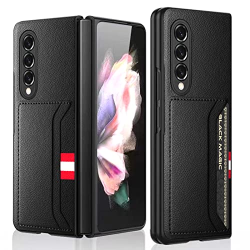 SUREKYA Schutzhülle für Samsung Galaxy Z Fold 3, Leder, mit Brieftasche, Kartenhalter, kompatibel mit Samsung Galaxy Z Fold 3 5G, Litschi-Textur, Grau (Z Fold 3, Schwarz)