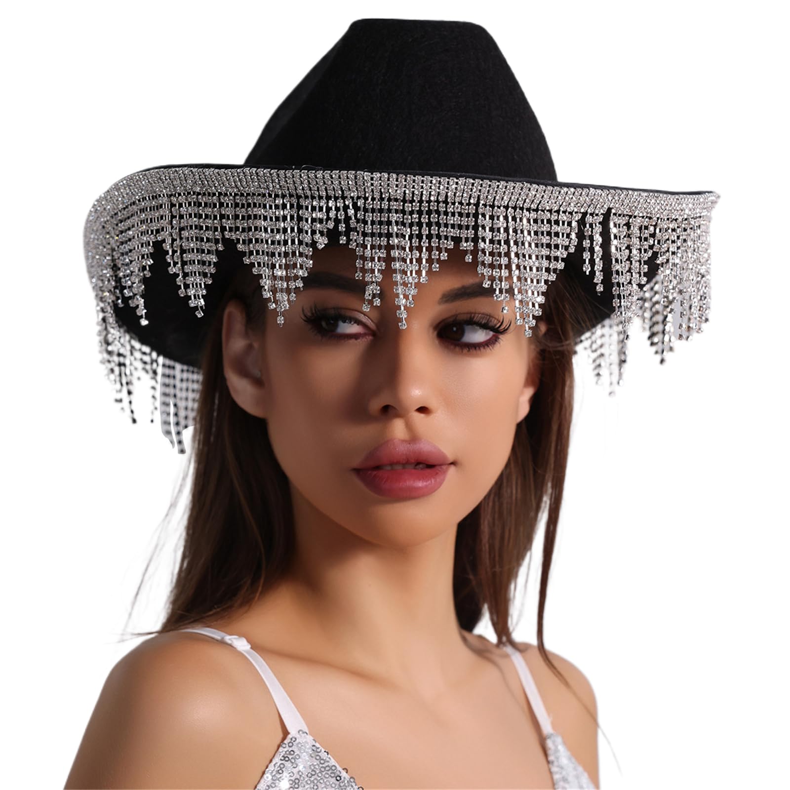 Meiliyizu Westernhut für Damen, Cosplay, Rollkrempe, Hut, Fransen, Strass, Hut, Junggesellinnenabschied, Kopfbedeckung, Zubehör